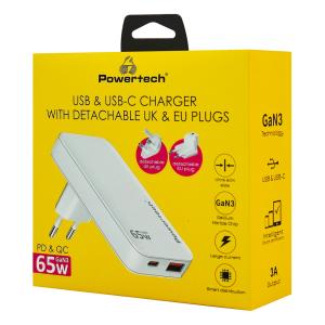 POWERTECH φορτιστής τοίχου PT-1532, EU/UK/CN βύσμα, USB/USB-C, 65W, GaN, λευκός | eLabstore.gr POWERTECH φορτιστής τοίχου PT-1532, EU/UK/CN βύσμα, USB/USB-C, 65W, GaN, λευκός | Αξεσουάρ κινητών | elabstore.gr