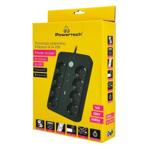 POWERTECH πολύπριζο ασφαλείας PT-1535, 8 θέσεων, με USB & USB-C θύρες, 16A, 1.5m, μαύρο | Τροφοδοσία Ρεύματος | elabstore.gr