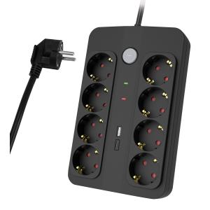 POWERTECH πολύπριζο ασφαλείας PT-1535, 8 θέσεων, με USB & USB-C θύρες, 16A, 1.5m, μαύρο | Τροφοδοσία Ρεύματος | elabstore.gr