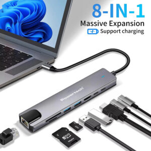 POWERTECH docking station PT-1537, 8 θυρών, USB-C σύνδεση, 100W PD, 1000Mbps, γκρι | Συνοδευτικά PC | elabstore.gr