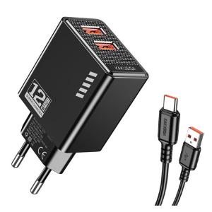 KAKUSIGA φορτιστής τοίχου KSC-1238 με καλώδιο USB-C, 2x USB, 12W, μαύρος | Αξεσουάρ κινητών | elabstore.gr