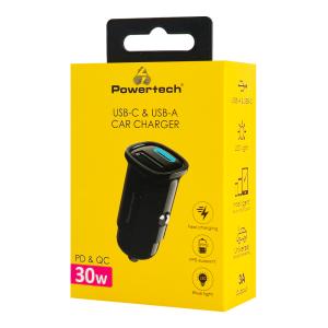 POWERTECH φορτιστής αυτοκινήτου PT-1538, USB & USB-C, 30W, μαύρος | Αξεσουάρ κινητών | elabstore.gr