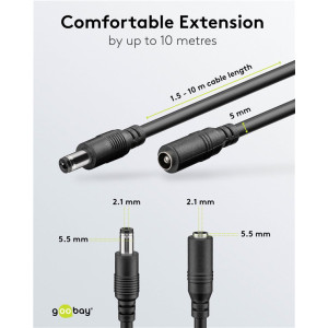 GOOBAY καλώδιο προέκτασης τροφοδοσίας 71400, 5.5x2.1mm, 10m, μαύρο | Τροφοδοσία Ρεύματος | elabstore.gr