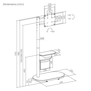 BRATECK βάση τηλεόρασης δαπέδου FS54-22T-02W, 17-43", έως 15kg, με ράφι & ροδάκια, μαύρη | eLabstore.gr