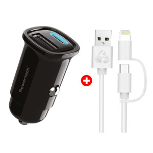 POWERTECH φορτιστής αυτοκινήτου με καλώδιο MFi USB σε micro USB/Lightning BNDL-0206, USB & USB-C, 30W, μαύρο/λευκό | Αξεσουάρ κινητών | elabstore.gr