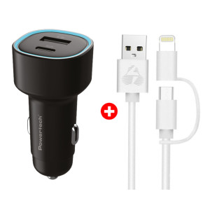 POWERTECH φορτιστής αυτοκινήτου με καλώδιο MFi USB σε micro USB/Lightning BNDL-0207, USB & USB-C, 85W, μαύρο/λευκό | Αξεσουάρ κινητών | elabstore.gr