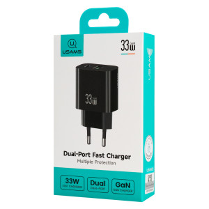 USAMS φορτιστής τοίχου CC317, USB & USB-C, 33W, GaN, μαύρος | eLabstore.gr