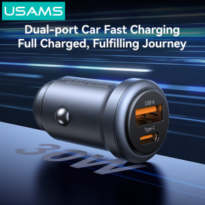 USAMS φορτιστής αυτοκινήτου CC322, USB & USB-C, 30W, γκρι | Αξεσουάρ κινητών | elabstore.gr
