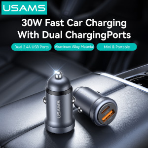 USAMS φορτιστής αυτοκινήτου CC322, USB & USB-C, 30W, γκρι | eLabstore.gr