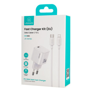 USAMS φορτιστής τοίχου CC262 με καλώδιο Lightning, 30W, GaN, λευκός | Αξεσουάρ κινητών | elabstore.gr