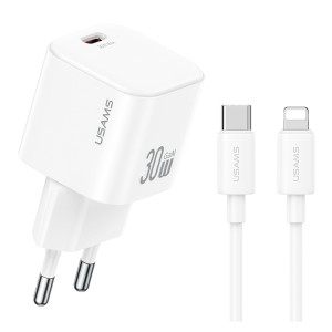 USAMS φορτιστής τοίχου CC262 με καλώδιο Lightning, 30W, GaN, λευκός | Αξεσουάρ κινητών | elabstore.gr