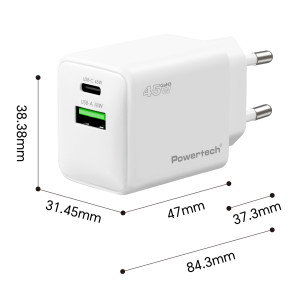POWERTECH φορτιστής τοίχου PT-1551, USB/USB-C, 45W, GaN, AVS, λευκός | Αξεσουάρ κινητών | elabstore.gr