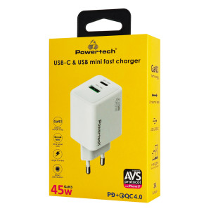 POWERTECH φορτιστής τοίχου PT-1551, USB/USB-C, 45W, GaN, AVS, λευκός | Αξεσουάρ κινητών | elabstore.gr