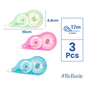BEBASIC σετ διορθωτική ταινία S063, 5mm x 12m, μπλε/πράσινη/ροζ, 3τμχ | Αναλώσιμα - Είδη Γραφείου | elabstore.gr