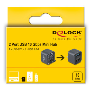 DELOCK mini USB hub 64359, 2x θυρών, USB 3.2, 10Gbps, USB-C σύνδεση, γκρι | Συνοδευτικά PC | elabstore.gr