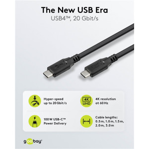 GOOBAY καλώδιο USB-C 74198, USB4, 100W, 20Gbps, 4K/60Hz, 3m, μαύρο | Καλώδια - Αντάπτορες | elabstore.gr