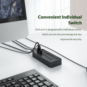 ORICO USB hub CT2U3-7AB με διακόπτες, 7x θυρών, USB 3.0, 5Gbps, USB σύνδεση, μαύρο | Συνοδευτικά PC | elabstore.gr