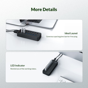 ORICO USB hub CT2U3-7AB με διακόπτες, 7x θυρών, USB 3.0, 5Gbps, USB σύνδεση, μαύρο | Συνοδευτικά PC | elabstore.gr