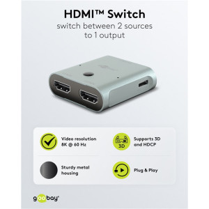 GOOBAY HDMI switch 77791, 2 σε 1, 8K/60Hz, γκρι | Καλώδια - Αντάπτορες | elabstore.gr