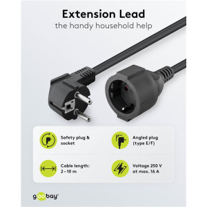 GOOBAY μπαλαντέζα προέκταση ρεύματος 94700, schuko, 3x 1.5mm², 2m, μαύρη | Τροφοδοσία Ρεύματος | elabstore.gr