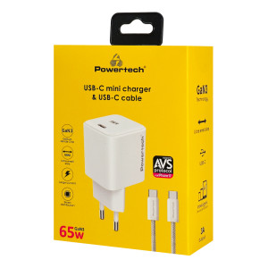 POWERTECH φορτιστής τοίχου PT-1577 με καλώδιο, USB-C, 65W, GaN, AVS, λευκός | Αξεσουάρ κινητών | elabstore.gr