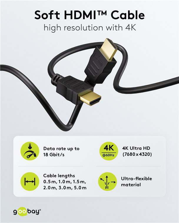 GOOBAY καλώδιο HDMI 80101 με Ethernet, soft, 4K/60Hz, 18 Gbps, 1m, μαύρο | eLabstore.gr GOOBAY καλώδιο HDMI 80101 με Ethernet, soft, 4K/60Hz, 18 Gbps, 1m, μαύρο | Καλώδια - Αντάπτορες | elabstore.gr
