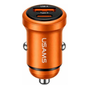 USAMS φορτιστής αυτοκινήτου CC322, USB & USB-C, 30W, πορτοκαλί | Αξεσουάρ κινητών | elabstore.gr