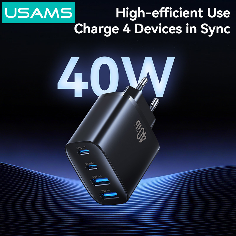 USAMS φορτιστής τοίχου CC330, 2x USB & 2x USB-C, 40W, GaN, μαύρος | eLabstore.gr USAMS φορτιστής τοίχου CC330, 2x USB & 2x USB-C, 40W, GaN, μαύρος | Αξεσουάρ κινητών | elabstore.gr