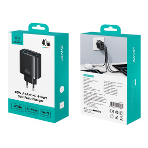 USAMS φορτιστής τοίχου CC330, 2x USB & 2x USB-C, 40W, GaN, μαύρος | eLabstore.gr USAMS φορτιστής τοίχου CC330, 2x USB & 2x USB-C, 40W, GaN, μαύρος | eLabstore.gr
