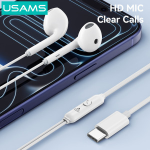 USAMS earphones με μικρόφωνο SJ771, USB-C σύνδεση, 1.2m, λευκά | Αξεσουάρ κινητών | elabstore.gr