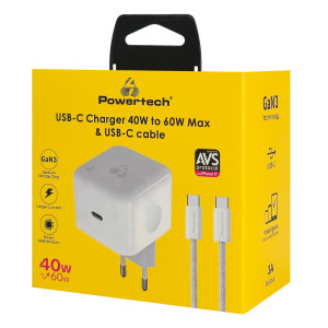 POWERTECH φορτιστής τοίχου PT-1581 με καλώδιο, USB-C, 40 έως 60W, GaN, AVS, λευκός | Αξεσουάρ κινητών | elabstore.gr