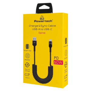 POWERTECH καλώδιο USB-C σε USB PTR-0197 με spiral καλώδιο, PD 60W, 480Mbps, 1m, μαύρο | Καλώδια - Αντάπτορες | elabstore.gr
