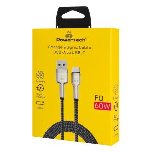 POWERTECH καλώδιο USB-C σε USB PTR-0199, PD 60W, 480Mbps, 1m, μαύρο/γκρι | Καλώδια - Αντάπτορες | elabstore.gr