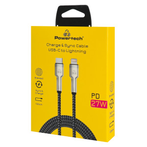 POWERTECH καλώδιο Lightning σε USB-C PTR-0200, PD 27W, 480Mbps, 1m, μαύρο/γκρι | Καλώδια - Αντάπτορες | elabstore.gr