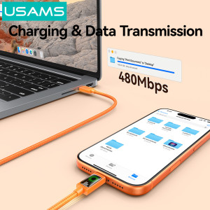 USAMS καλώδιο USB-C SJ773, 60W, 480Mbps, 1.2m, πορτοκαλί | Καλώδια - Αντάπτορες | elabstore.gr