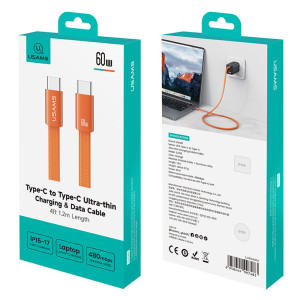 USAMS καλώδιο USB-C SJ783, 60W, 480Mbps, flat, 1.2m, πορτοκαλί | Καλώδια - Αντάπτορες | elabstore.gr