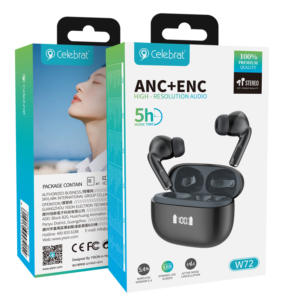 CELEBRAT earphones με θήκη φόρτισης W72, True Wireless, 10mm, 33/380mAh, ANC & ENC, μαύρα | eLabstore.gr CELEBRAT earphones με θήκη φόρτισης W72, True Wireless, 10mm, 33/380mAh, ANC & ENC, μαύρα | Αξεσουάρ κινητών | elabstore.gr