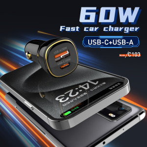 LDNIO φορτιστής αυτοκινήτου C103 με καλώδιο USB-C, USB/USB-C, 60W, μαύρος | Αξεσουάρ κινητών | elabstore.gr