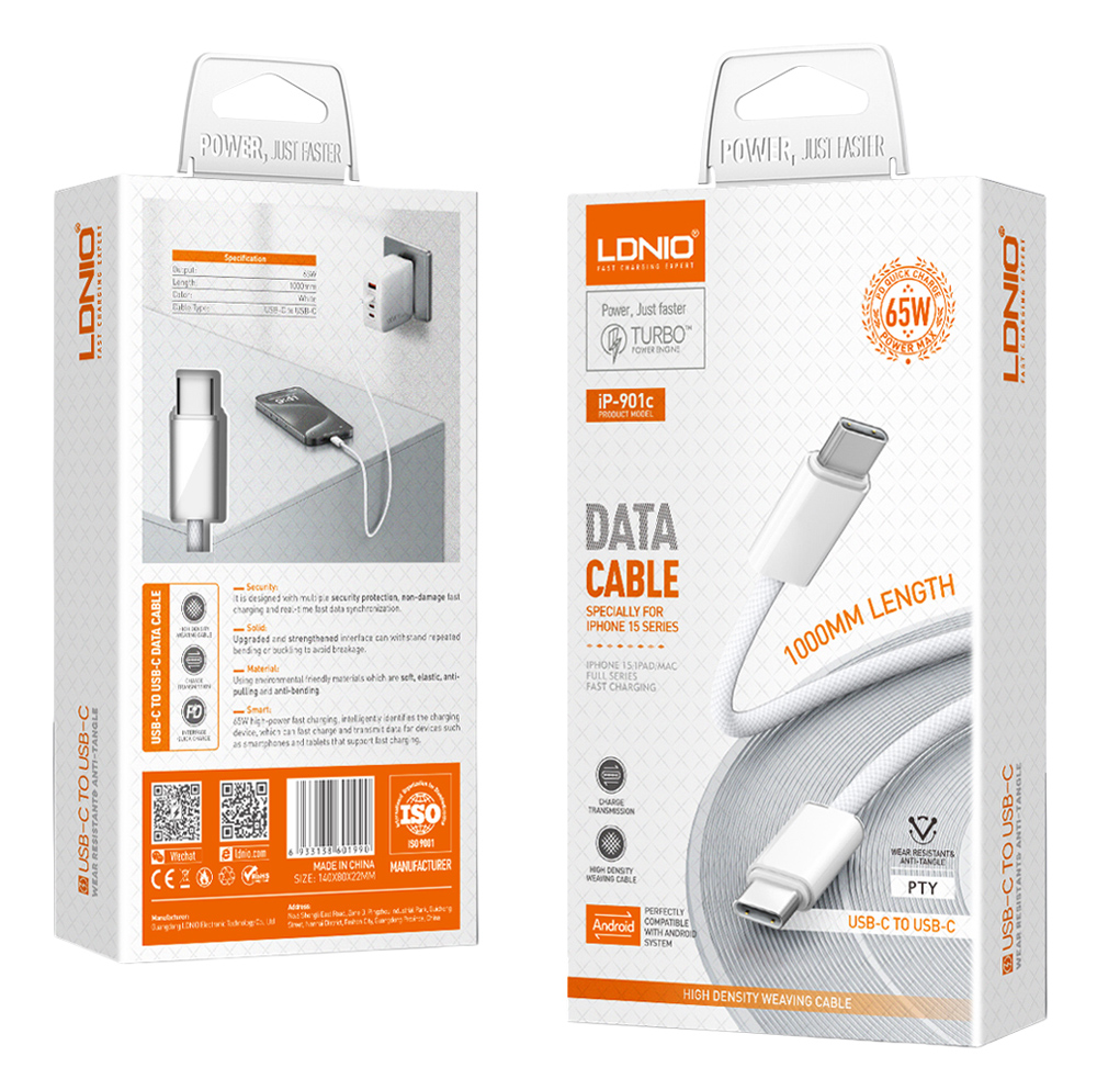 LDNIO καλώδιο USB-C iP-901c, 65W, 480Mbps, 1m, λευκό | eLabstore.gr LDNIO καλώδιο USB-C iP-901c, 65W, 480Mbps, 1m, λευκό | Καλώδια - Αντάπτορες | elabstore.gr