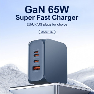 LDNIO φορτιστής τοίχου Q7 με καλώδιο USB-C, USB/Lightning/2x USB-C, GaN, 65W, μπλε | Αξεσουάρ κινητών | elabstore.gr