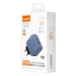 LDNIO φορτιστής τοίχου Q7 με καλώδιο USB-C, USB/Lightning/2x USB-C, GaN, 65W, μπλε | Αξεσουάρ κινητών | elabstore.gr