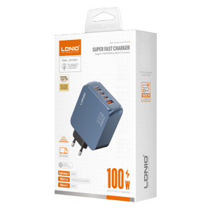 LDNIO φορτιστής τοίχου Q8 με καλώδιο USB-C, USB/Lightning/3x USB-C, GaN, 100W, μπλε | Αξεσουάρ κινητών | elabstore.gr