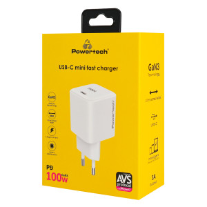 POWERTECH φορτιστής τοίχου PT-1612, USB-C, 100W, GaN, AVS, λευκός | Αξεσουάρ κινητών | elabstore.gr