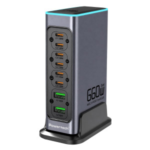 POWERTECH σταθμός φόρτισης PT-1621, 2x USB & 6x USB-C, GaN, 140W, γκρι | Αξεσουάρ κινητών | elabstore.gr