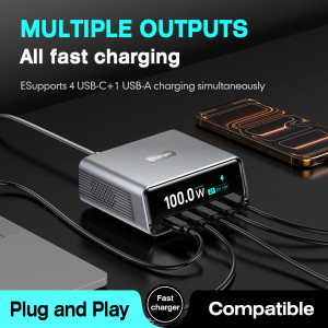 POWERTECH σταθμός φόρτισης PT-1622 με οθόνη, USB & 4x USB-C, GaN, 100W, ασημί | Αξεσουάρ κινητών | elabstore.gr
