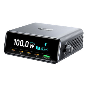 POWERTECH σταθμός φόρτισης PT-1622 με οθόνη, USB & 4x USB-C, GaN, 100W, ασημί | Αξεσουάρ κινητών | elabstore.gr