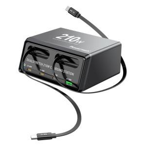 POWERTECH σταθμός φόρτισης PT-1623, USB/3x USB-C/2x USB-C καλώδια, GaN, 160W, μαύρος | Αξεσουάρ κινητών | elabstore.gr