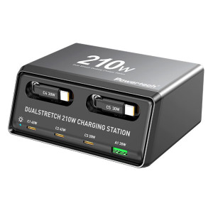 POWERTECH σταθμός φόρτισης PT-1623, USB/3x USB-C/2x USB-C καλώδια, GaN, 160W, μαύρος | eLabstore.gr