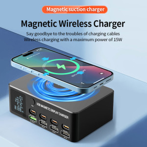 POWERTECH σταθμός φόρτισης PT-1625 με οθόνη, 4x USB/4x USB-C/wireless, 140W, μαύρος | Αξεσουάρ κινητών | elabstore.gr