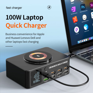 POWERTECH σταθμός φόρτισης PT-1625 με οθόνη, 4x USB/4x USB-C/wireless, 140W, μαύρος | Αξεσουάρ κινητών | elabstore.gr